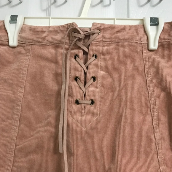 FOREVER 21 Cotton Corduroy Mini Skirt L Pink Front Lace Tie Up - Picture 3 of 5